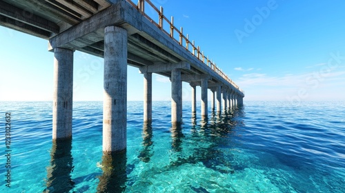 Long Concrete Pier Extending Over Calm Ocean Water Under Bright Sunny Sky