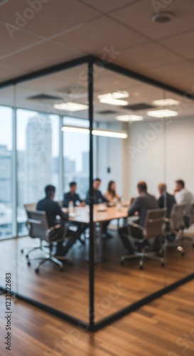 Glass-walled meeting room with blurred focus, featuring business professionals in a corporate environment with discussions and teamwork in a modern office space