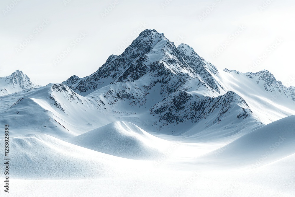 Fototapeta premium Snowy mountain peak and range in winter landscape