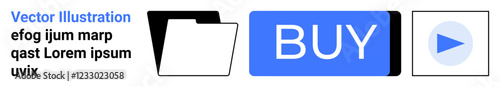 Black and white file folder, blue buy button, and blue play button symbolizing organization, purchase, and media. Ideal for ecommerce, UI design, multimedia, website interface, shopping, digital