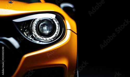 A close-up of the gleaming orange luxury SUV compact car's headlight. This elegant electric vehicle represents advanced technology and business concepts. It is a hybrid automobile displayed at a car photo