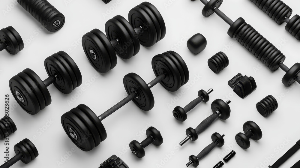 black metal dumbbells and weights on white background 3d illustration render black metal dumbbells and weights on white background 3d illustration render