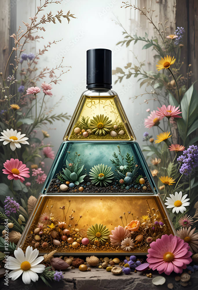 olfactory triangle of perfume: high , middle and base notes in abstract vision. Ai generated