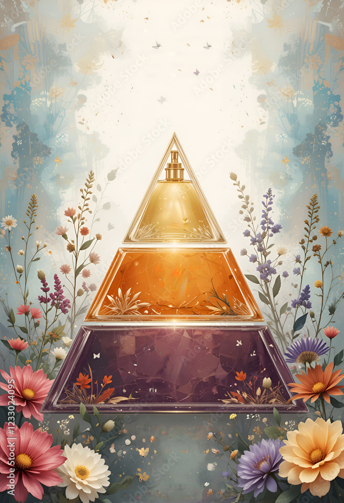 triangle of perfume: high , middle and base notes in abstract vision. Ai generated