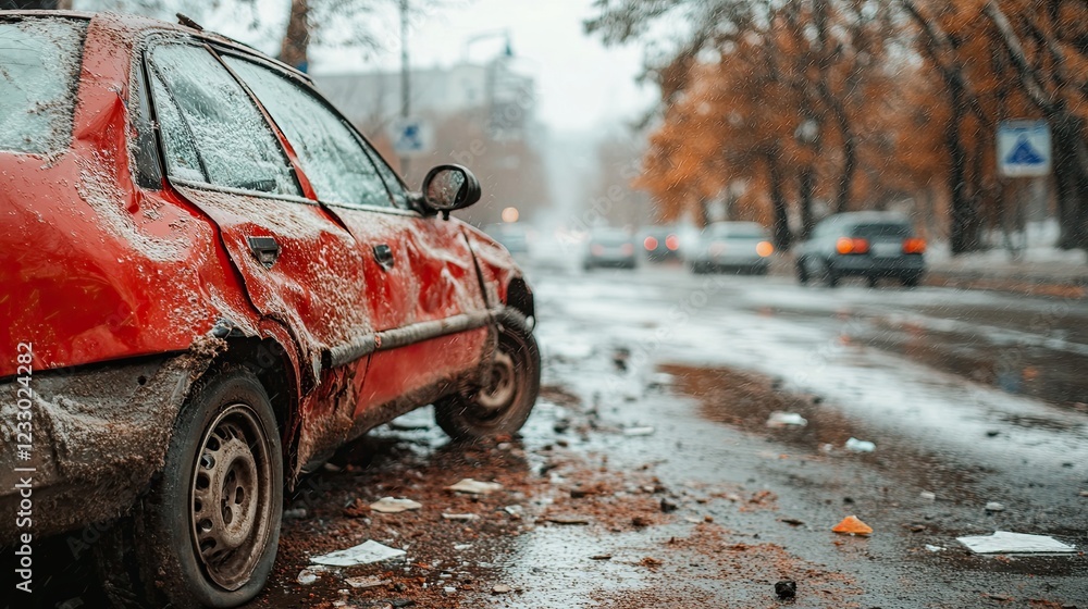 Fototapeta premium A detailed shot of a red car collision with another vehicle in traffic, highlighting the damaged and scratched fender on the front or rear right corner