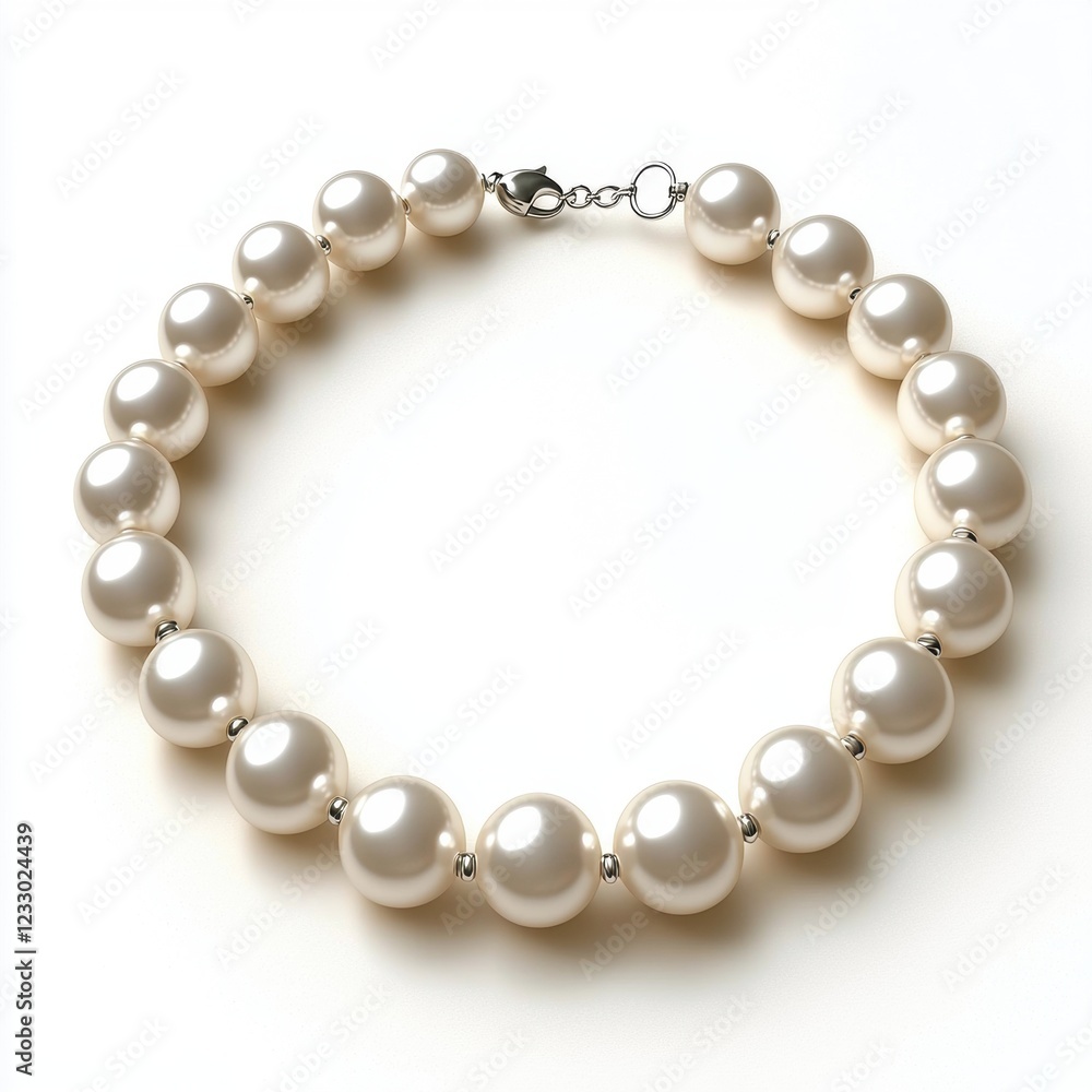 Elegant pearl necklace with a minimalist clasp, centered on a clean white background Elegant pearl necklace with a minimalist clasp, centered on a clean white background