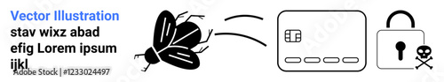 Bug heading towards credit card and lock with skull icon illustrating digital security risks. Ideal for cybersecurity, online threats, data protection, antivirus, cybercrime awareness, phishing