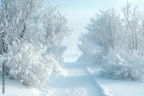 Snowy path through frosty trees in foggy winter landscape