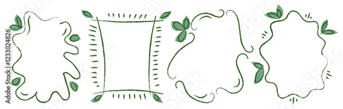 Crayon frame with floral border elegant vector design. Organic shape and line. Whimsical doodle art, wavy outline template. Coquette pencil ornament with green leaf. Isolated vector illustration