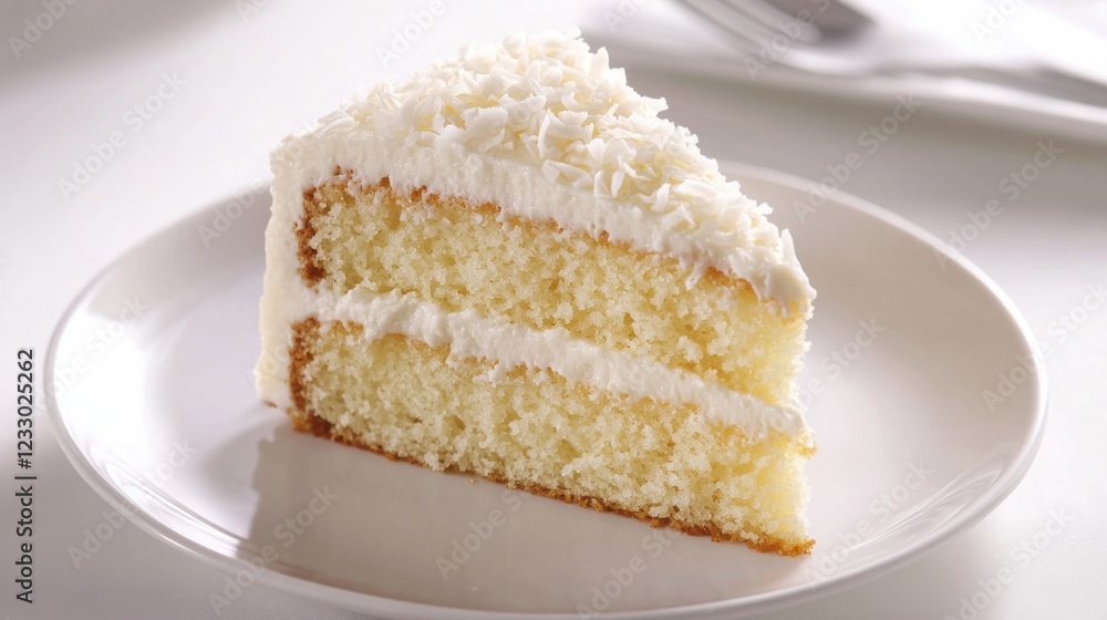 A slice of creamy coconut cake with a light frosting and shredded coconut topping, placed on a plain white plate, Slice centered with a slightly angled view A slice of creamy coconut cake with a light frosting and shredded coconut topping, placed on a plain white plate, Slice centered with a slightly angled view