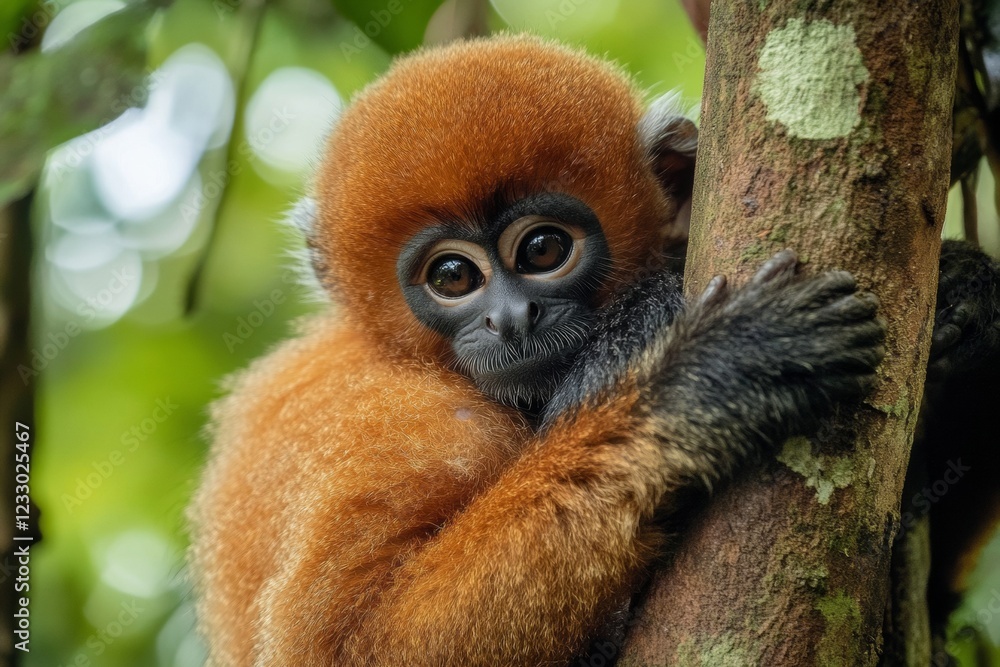 Obraz premium In the vibrant rainforest, a baby monkey tightly holds onto its mother's fur, nestled among the tree branches. The scene captures a moment of warmth and connection in an idyllic setting
