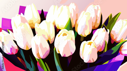 Elegant white tulips bouquet wrapped in pastel tone paper. Fresh spring flowers arrangement on artistic background. Concept of floristry, flower shop, spring celebration.