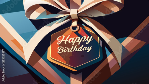 Geometric gift box with vintage-style "Happy Birthday" tag and off-white bow. Mid-century modern design in muted blues and browns. Concept of: gift shops, celebration planning, party supplies