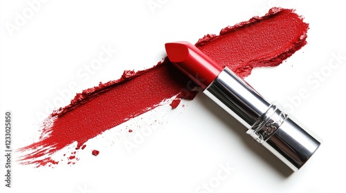 Vibrant Red Lipstick Swatch. Creamy Texture Background with Smudge Effects for Beauty and Makeup Aesthetics