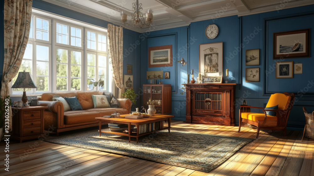 Naklejka premium Vintage blue wall living room with white wood floor tiles 3d render illustration