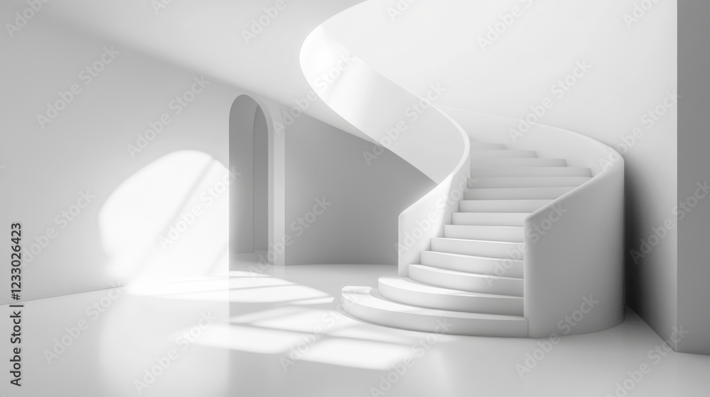 Obraz premium abstract white background architecture glossy room 3d render illustration with showroom staircase podium