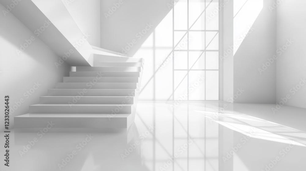 Fototapeta premium abstract white background architecture glossy room 3d render illustration with showroom staircase podium