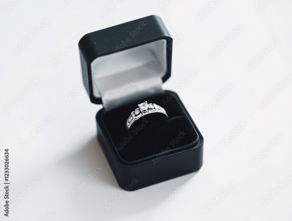 Elegant engagement ring in an open red velvet box. Wedding, proposal, Valentine’s Day, anniversary themes. Jewelry, love, romance concept, copy space Elegant engagement ring in an open red velvet box. Wedding, proposal, Valentine’s Day, anniversary themes. Jewelry, love, romance concept, copy space