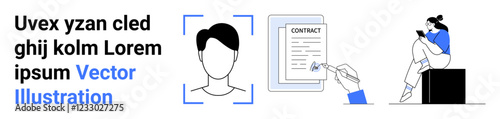 Profile verification with face scanning, contract being signed, and person reading on a device suggesting online learning. Ideal for identity verification, digital contracts, e-learning, remote work