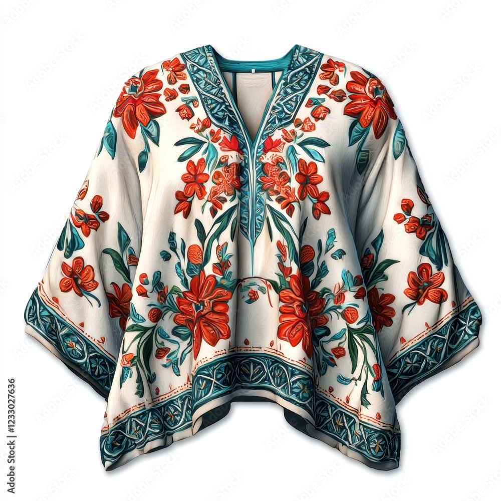 Loose-fitting bohemian blouse with intricate embroidery, centered on a clean white background Loose-fitting bohemian blouse with intricate embroidery, centered on a clean white background
