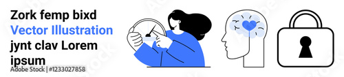 Woman using a tablet, human head with heart symbol, secure lock. Ideal for technology, health, security, digital well-being, mindfulness self-care mental health. Landing page