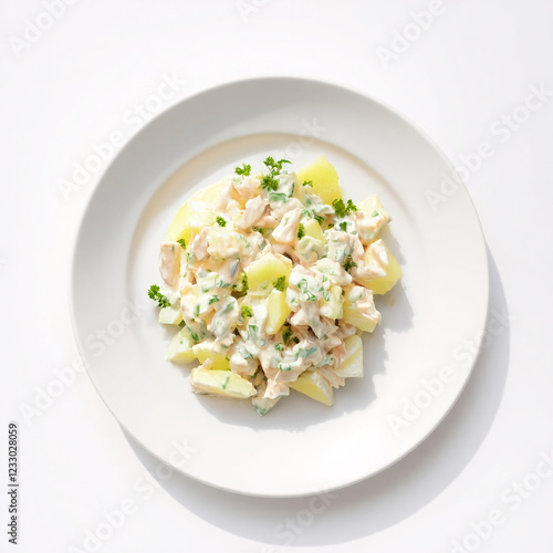 Wallpaper Mural German potato salad with creamy dressing and fresh herbs served on a white plate, isolated on white background Torontodigital.ca