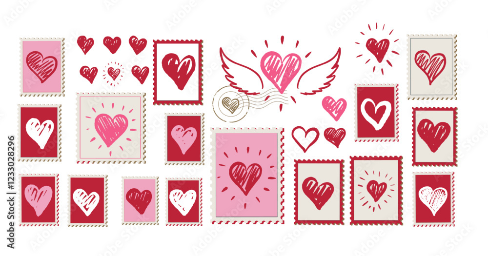 Postcard, stamps, mail with Heart hand drawn. Valentines day.
Postcard, stamps, mail with Heart hand drawn. Valentines day.