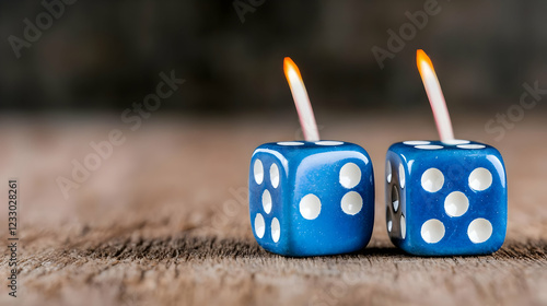 Two lit dice candles on wood; rustic background