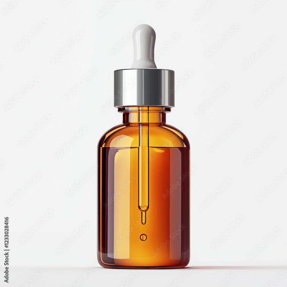 Glowing skincare serum bottle with a pipette dripping liquid, centered on a clean white background Glowing skincare serum bottle with a pipette dripping liquid, centered on a clean white background