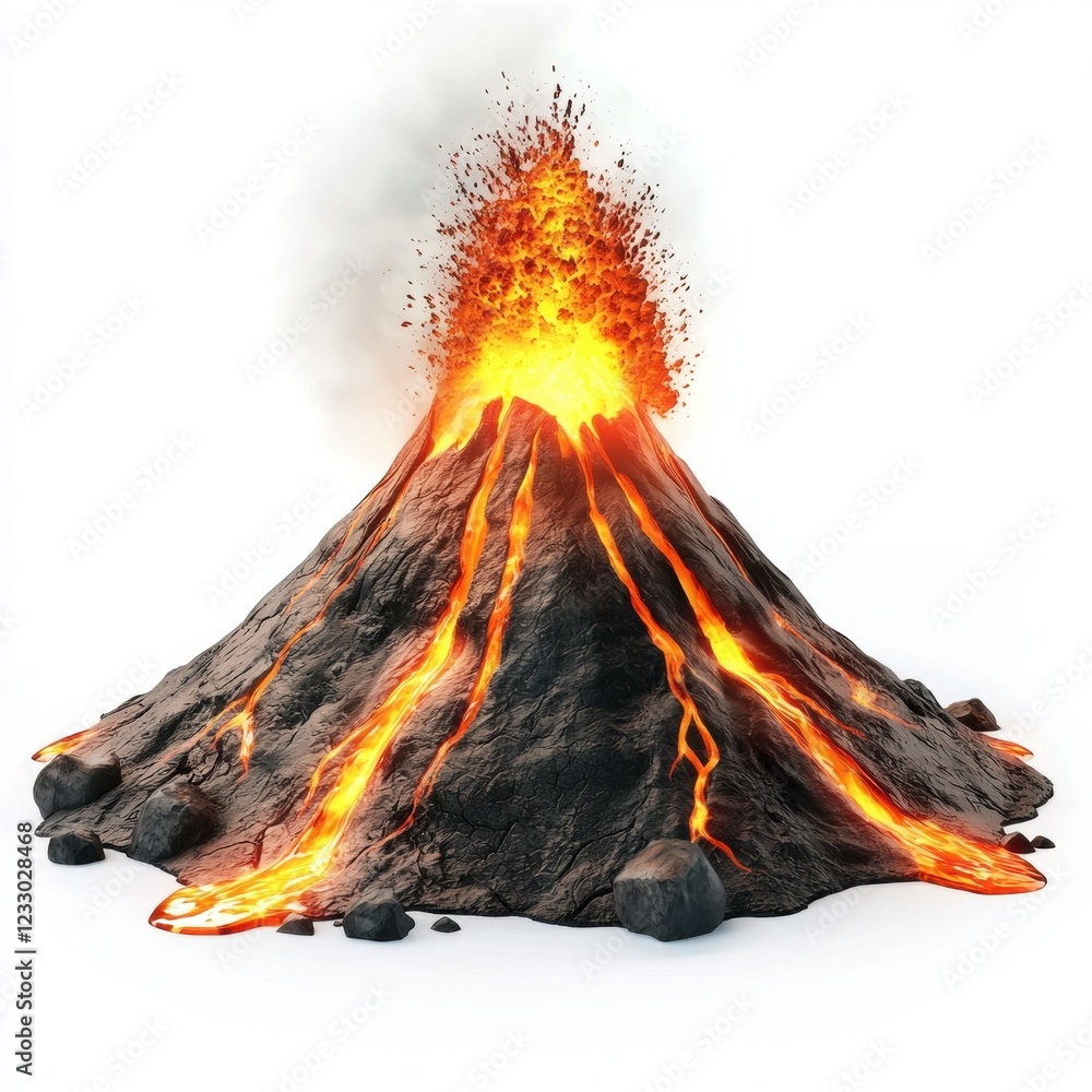 Glowing volcano erupting with bright lava against a dark sky, isolated on a clean white background Glowing volcano erupting with bright lava against a dark sky, isolated on a clean white background