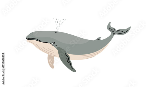 whale sea animal with splash fountain, cute flat vector illustration