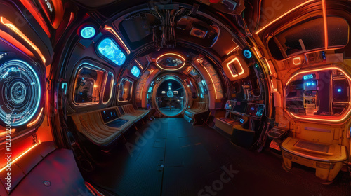 Fototapeta Naklejka Na Ścianę i Meble -  360 degree panorama of modern futuristic technology station space ship sci-fi laboratory. 3d render illustration hdr hdri vr virtual reality environment map