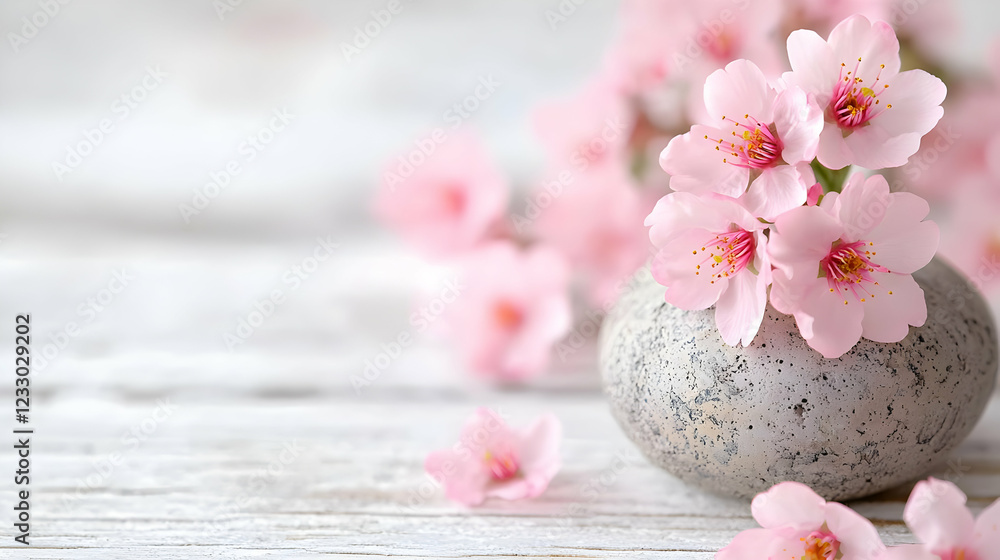 Pink blossoms in stone vase, wood background, spring spa Pink blossoms in stone vase, wood background, spring spa