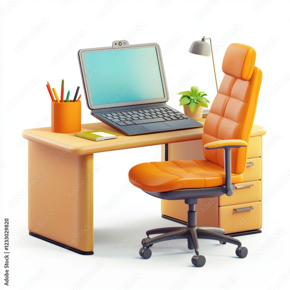 Hybrid work environment with a laptop and ergonomic office chair, placed on a bright white background Hybrid work environment with a laptop and ergonomic office chair, placed on a bright white background