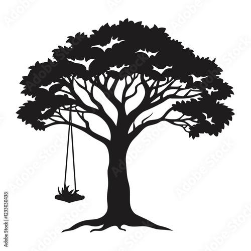 Silhouette of A tree with a rope swing hanging from one of its branches vector illustration
