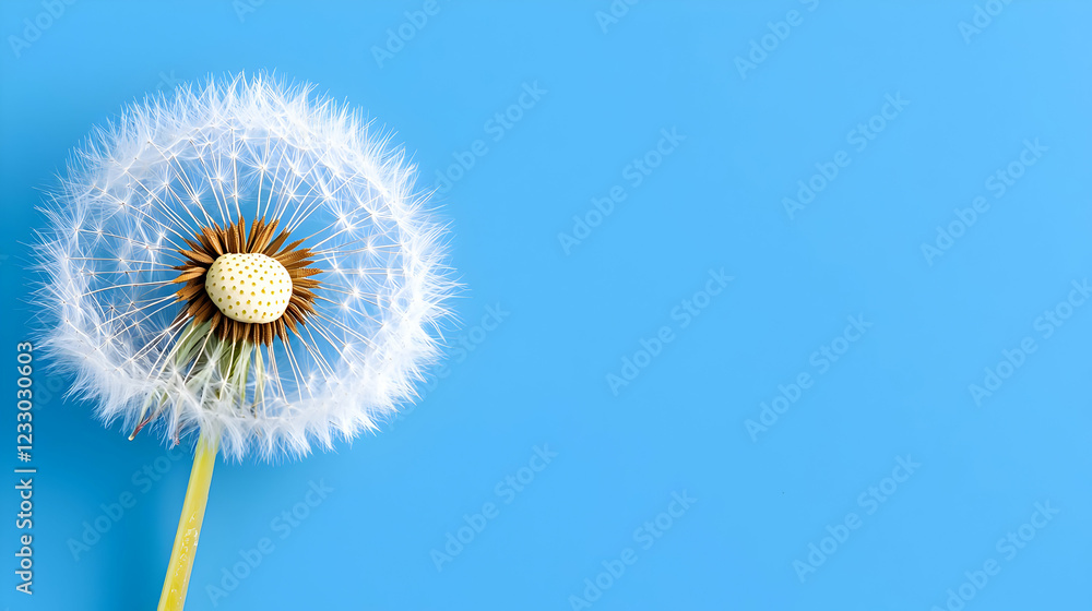 Obraz premium Dandelion seed head on blue background, copy space