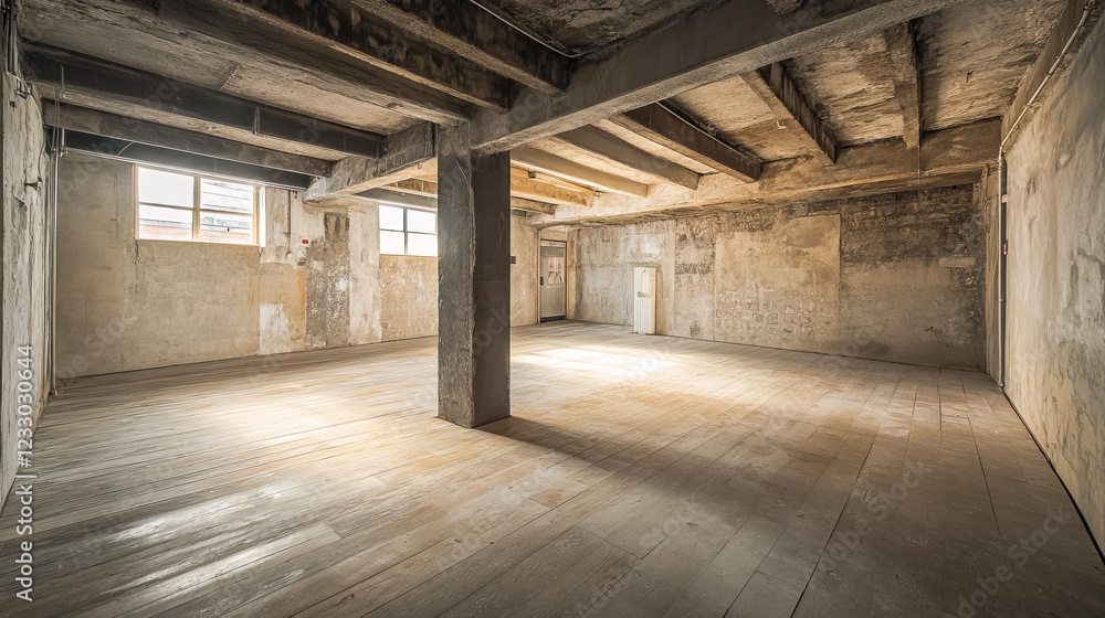 empty concrete basement interior with sky and day lighting and wood plank floor 3d render illustration empty concrete basement interior with sky and day lighting and wood plank floor 3d render illustration