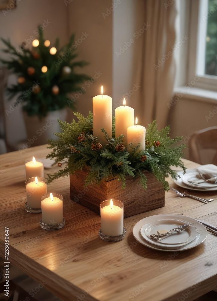 Cozy breakfast nook with candles and an evergreen centerpiece on a small table, evergreen, candlelight, inviting space Cozy breakfast nook with candles and an evergreen centerpiece on a small table, evergreen, candlelight, inviting space