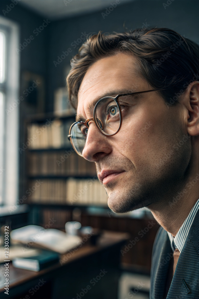 Obraz premium Thoughtful man with glasses in library setting