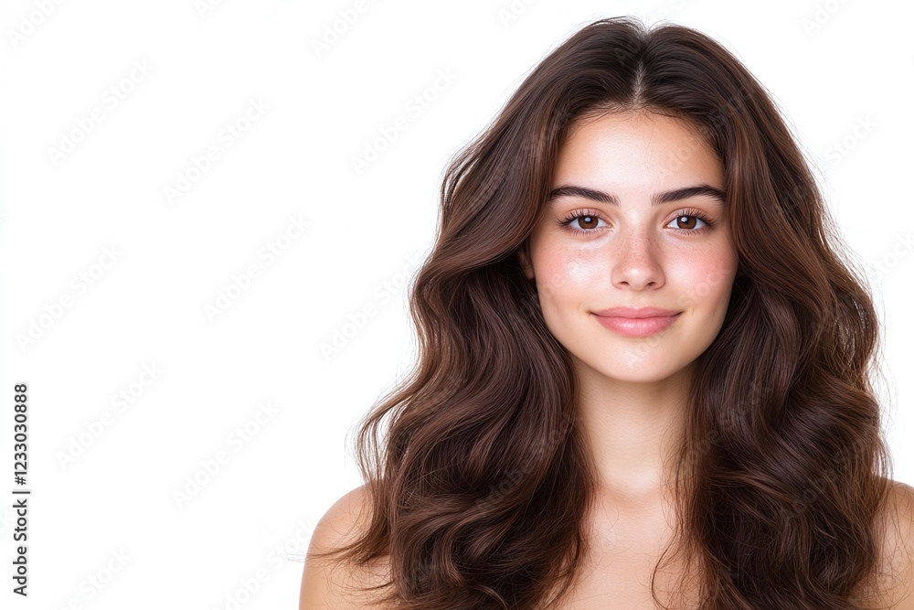 Portrait of a woman with long wavy brunette hair, natural makeup and glowing skin, isolated on white background, professional studio photography, close-up view, minimalistic and elegant
Portrait of a woman with long wavy brunette hair, natural makeup and glowing skin, isolated on white background, professional studio photography, close-up view, minimalistic and elegant