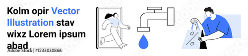 Person stepping out of a smartphone, blue water droplet from faucet, individual carrying shopping bags. Ideal for digital transformation, technology, e-commerce, sustainability, conservation