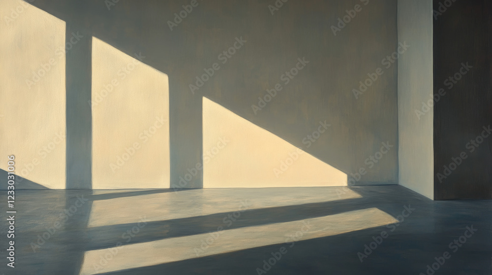 Empty concrete room with concrete floor and diagonal shadows cast from evening sun dawn light 3d render illustration Empty concrete room with concrete floor and diagonal shadows cast from evening sun dawn light 3d render illustration