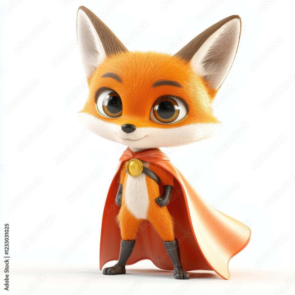 Obraz premium Little fox plush dressed as a superhero with a cape, isolated on a clean white background