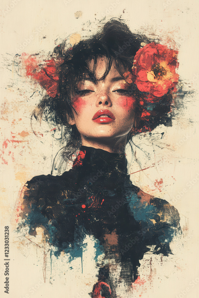 Fototapeta premium Ethereal Beauty Portrait with Floral Accents and Artistic Brushstrokes