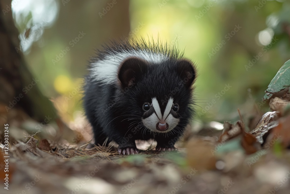 Obraz premium A baby skunk cautiously investigates the forest floor, surrounded by leaves and trees. Its curious expression shows a blend of innocence and caution in a serene woodland setting