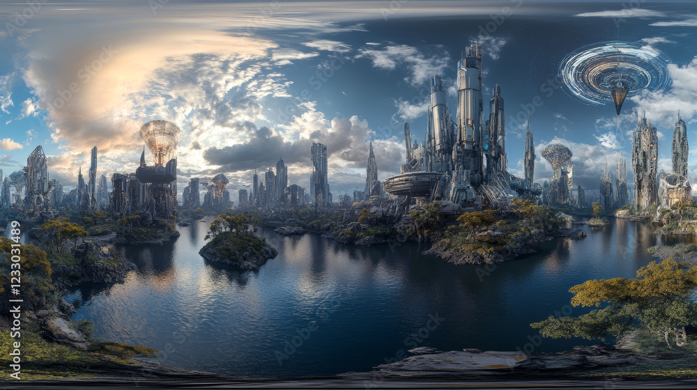 Obraz premium 360 full spherical panorama view of dark futuristic technology conept 3d render illustration hdri hdr style