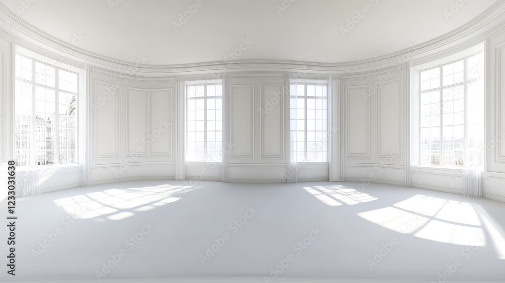 Fototapeta premium Full 360 degree equidistant equirectangular spherical panorama of white empty classic vintage studio interior 3d render illustration hdri hdr vr style