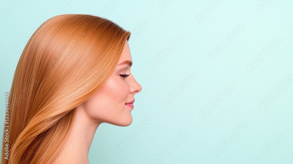 Naklejka premium Profile view of a woman with sleek strawberry blonde hair, natural makeup and glowing skin, isolated on light blue background, professional studio shot, close-up view, minimalistic style