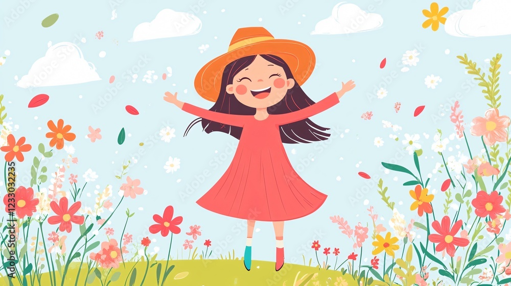 Cheerful young woman in trendy spring attire flat vector illustration Cheerful young woman in trendy spring attire flat vector illustration
