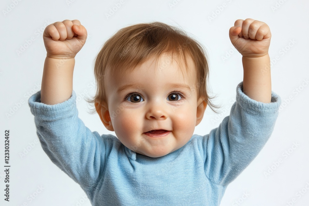 Powerful Infant with Pacifier Raising Arms in Triumph, Sporty Child Against a White Background Powerful Infant with Pacifier Raising Arms in Triumph, Sporty Child Against a White Background